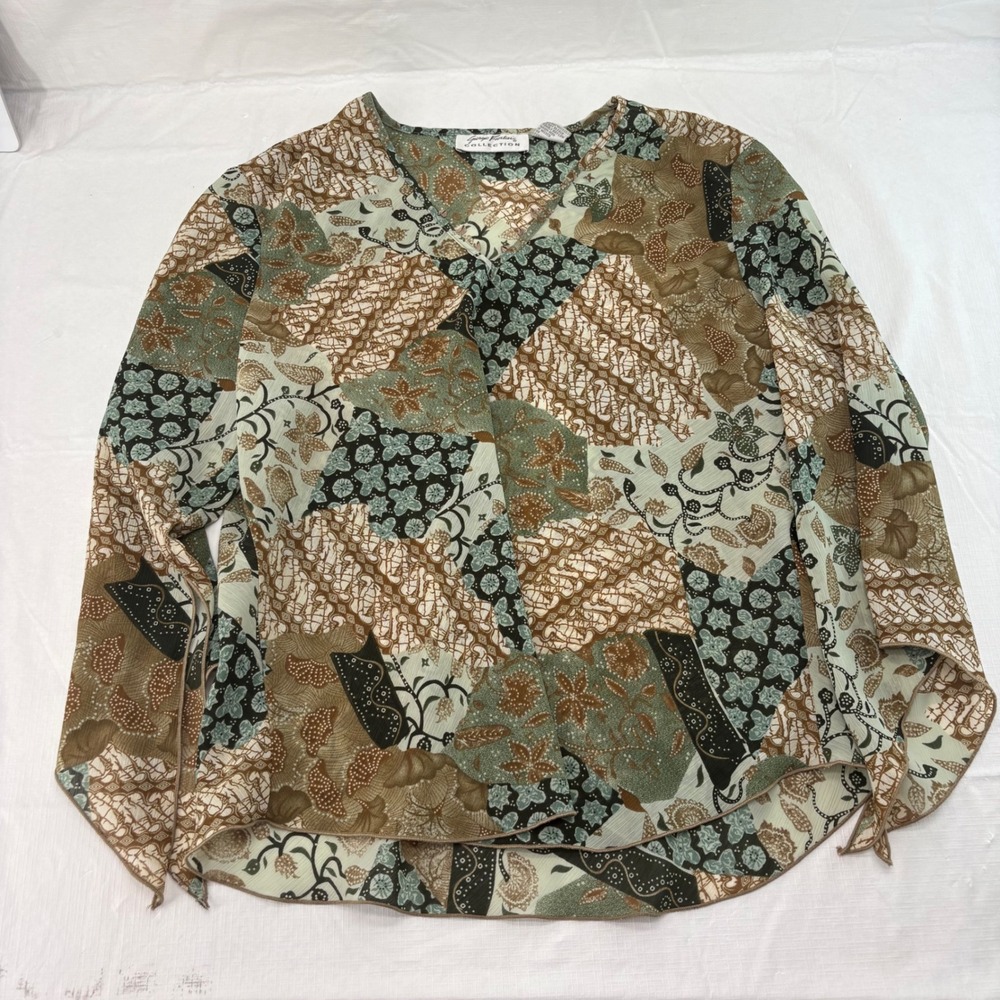 Giorgio Fiorlini Collection Womens XL Patchwork Batik Floral V-Neck Blouse Green